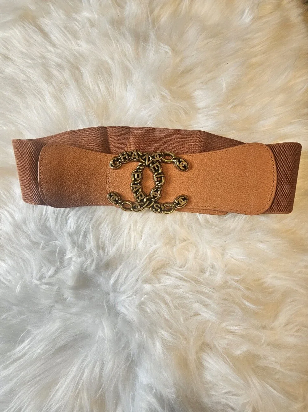 Textured Leather Wide Cinch Belt with Gold Logo Chain